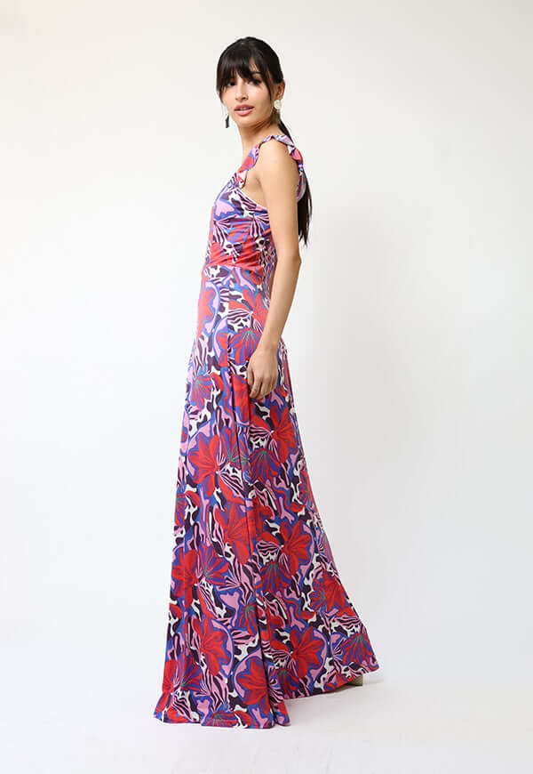 Vestido Mercedes Violeta Hojas Fucsia - Diseño Chileno | Natalia Seguel