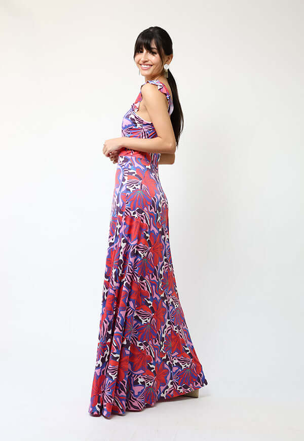 Vestido Mercedes Violeta Hojas Fucsia - Diseño Chileno | Natalia Seguel