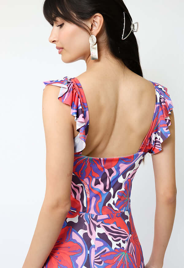 Vestido Mercedes Violeta Hojas Fucsia - Diseño Chileno | Natalia Seguel