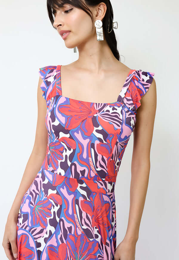 Vestido Mercedes Violeta Hojas Fucsia - Diseño Chileno | Natalia Seguel