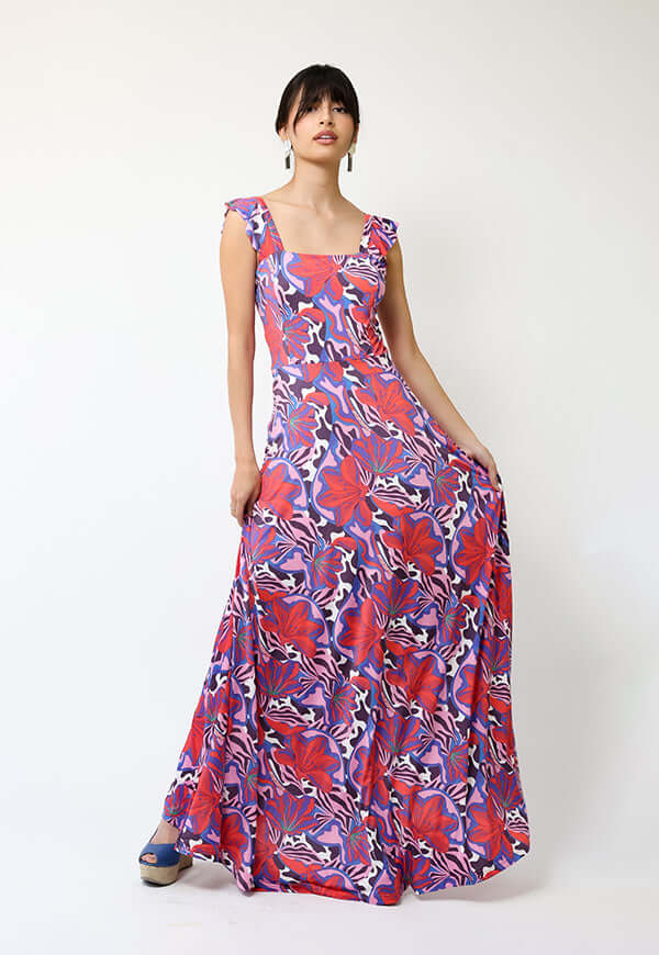 Vestido Mercedes Violeta Hojas Fucsia - Diseño Chileno | Natalia Seguel