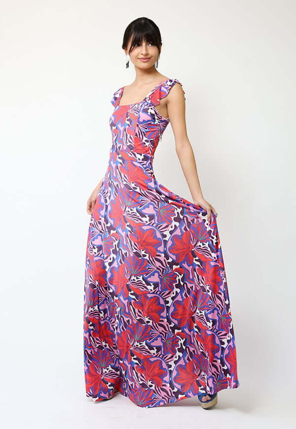 Vestido Mercedes Violeta Hojas Fucsia - Diseño Chileno | Natalia Seguel