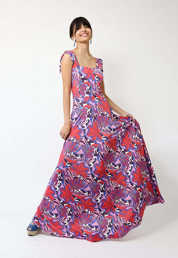 Vestido Mercedes Violeta Hojas Fucsia - Diseño Chileno | Natalia Seguel