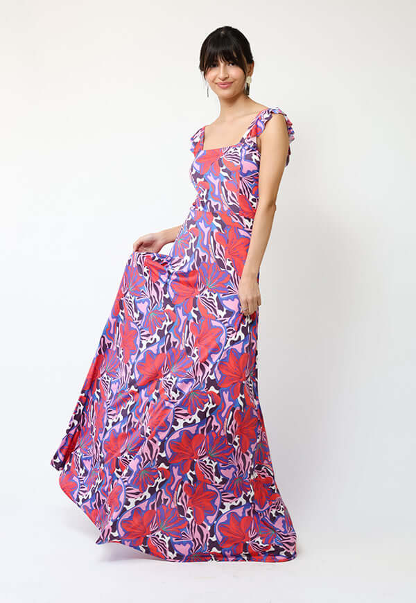 Vestido Mercedes Violeta Hojas Fucsia - Diseño Chileno | Natalia Seguel