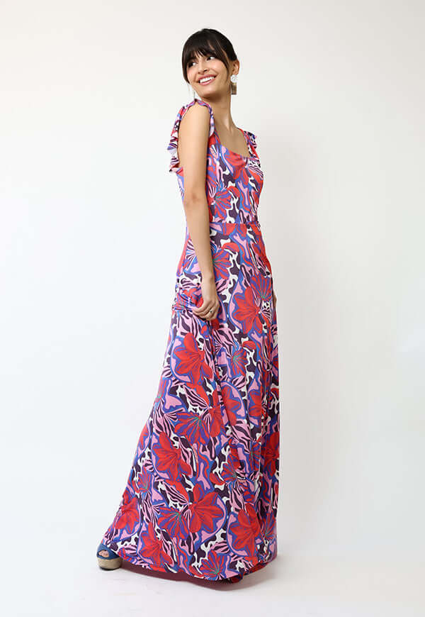 Vestido Mercedes Violeta Hojas Fucsia - Diseño Chileno | Natalia Seguel