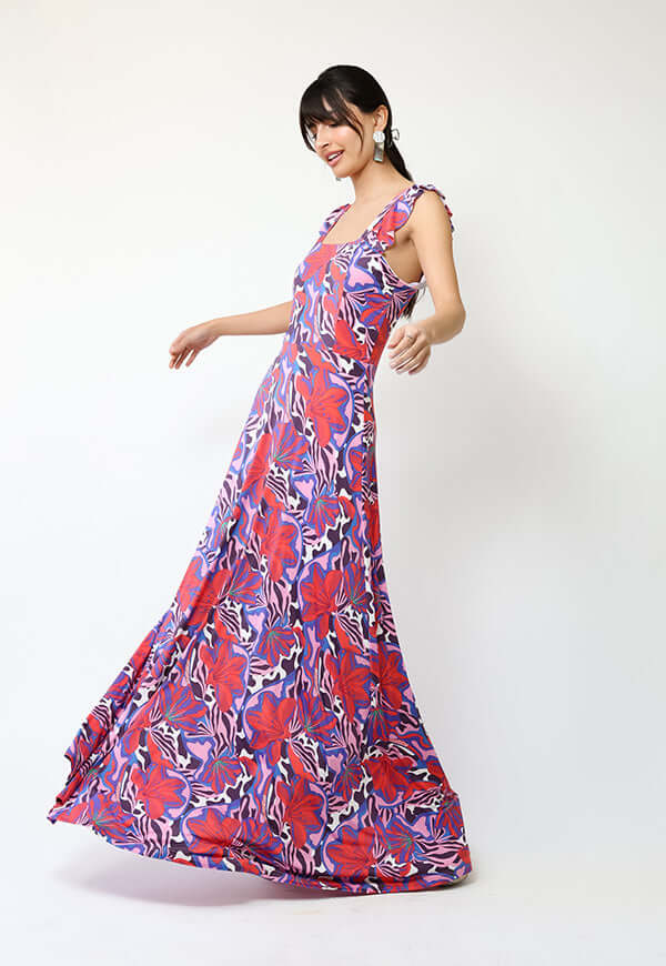 Vestido Mercedes Violeta Hojas Fucsia - Diseño Chileno | Natalia Seguel