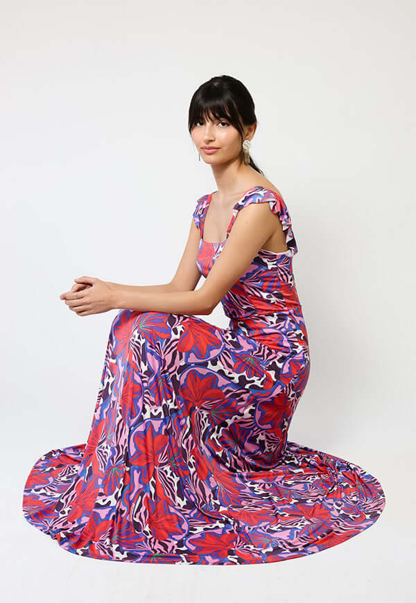 Vestido Mercedes Violeta Hojas Fucsia - Diseño Chileno | Natalia Seguel