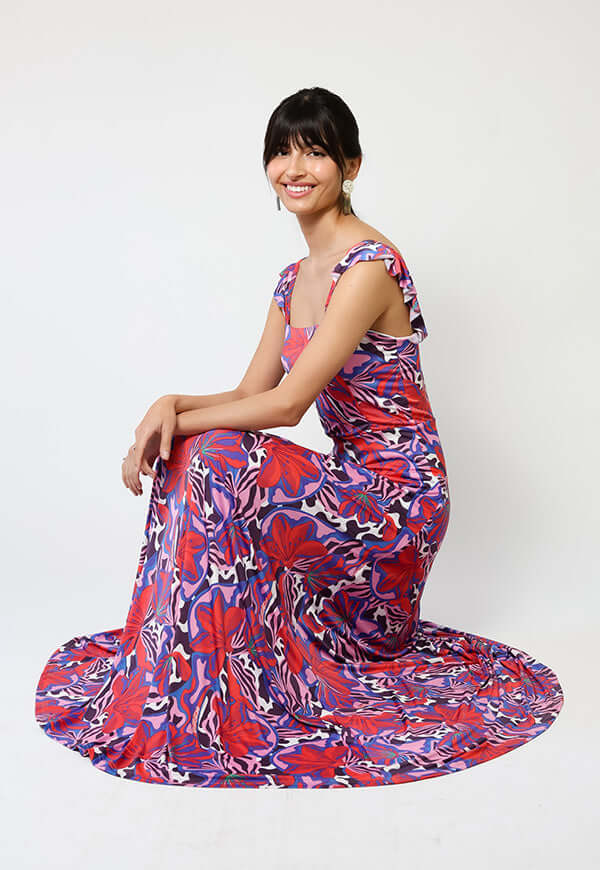 Vestido Mercedes Violeta Hojas Fucsia - Diseño Chileno | Natalia Seguel