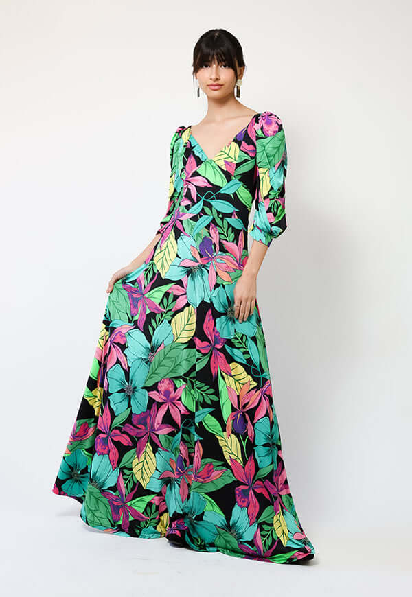 Vestido Margaret Flores Negro Fucsia Verde - Diseño Chileno | Natalia Seguel