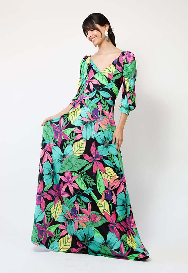 Vestido Margaret Flores Negro Fucsia Verde - Diseño Chileno | Natalia Seguel