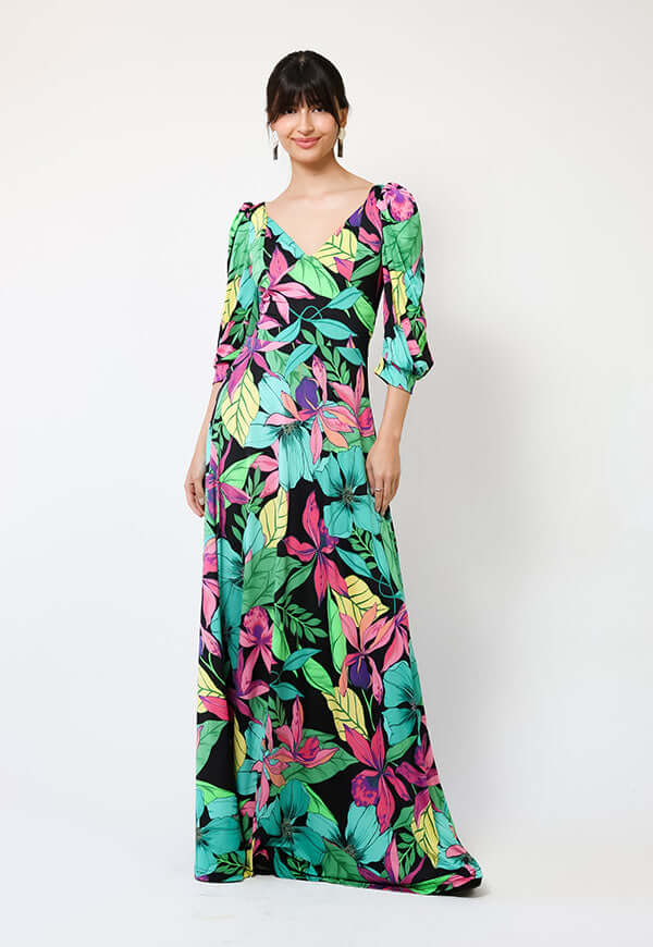 Vestido Margaret Flores Negro Fucsia Verde - Diseño Chileno | Natalia Seguel