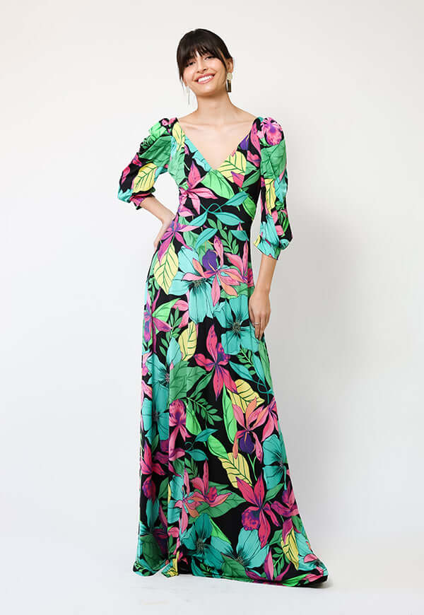 Vestido Margaret Flores Negro Fucsia Verde - Diseño Chileno | Natalia Seguel