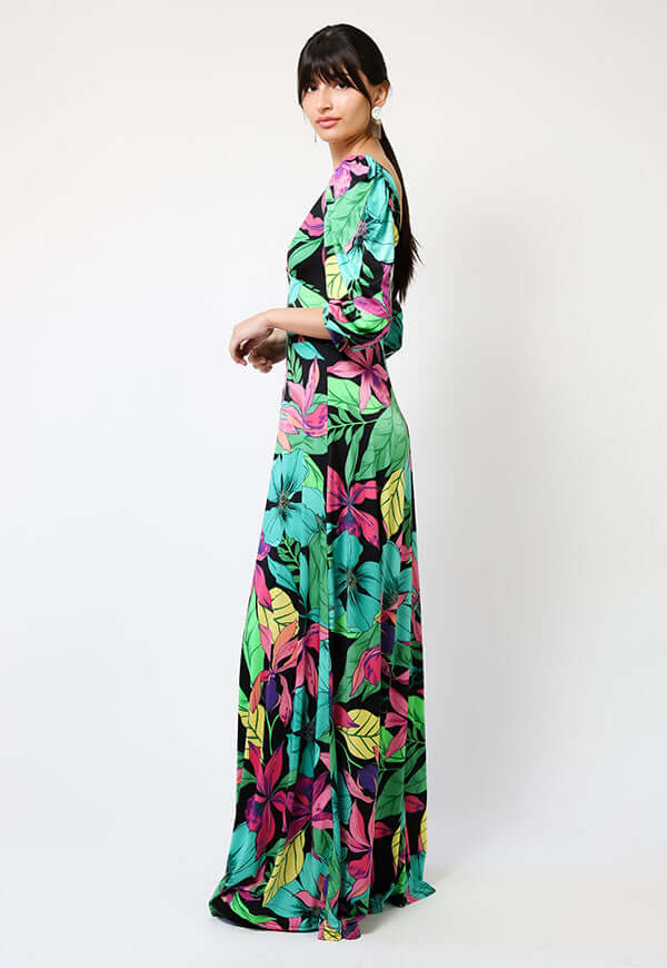 Vestido Margaret Flores Negro Fucsia Verde - Diseño Chileno | Natalia Seguel