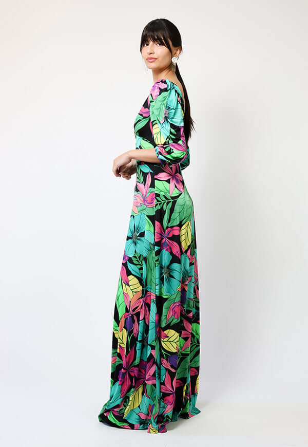 Vestido Margaret Flores Negro Fucsia Verde - Diseño Chileno | Natalia Seguel