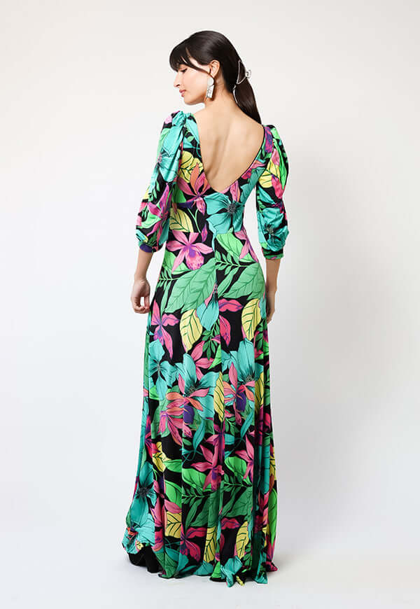 Vestido Margaret Flores Negro Fucsia Verde - Diseño Chileno | Natalia Seguel