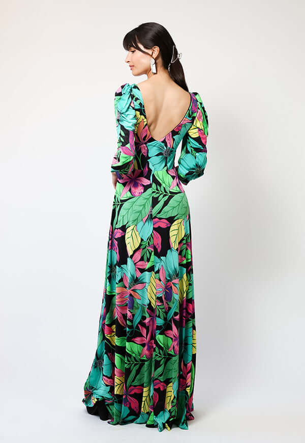 Vestido Margaret Flores Negro Fucsia Verde - Diseño Chileno | Natalia Seguel