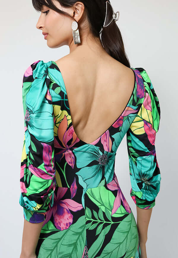 Vestido Margaret Flores Negro Fucsia Verde - Diseño Chileno | Natalia Seguel