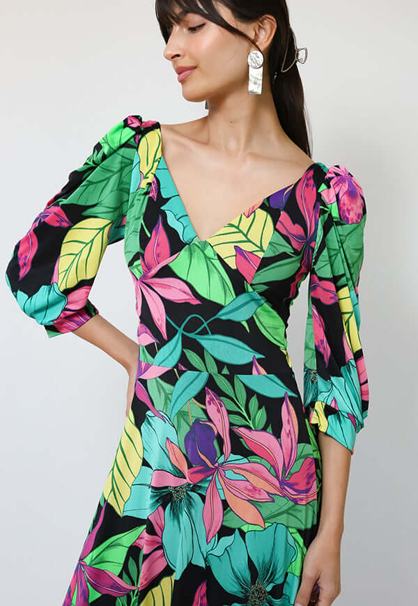 Vestido Margaret Flores Negro Fucsia Verde - Diseño Chileno | Natalia Seguel