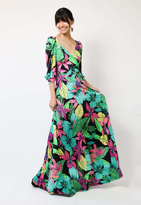 Vestido Margaret Flores Negro Fucsia Verde - Diseño Chileno | Natalia Seguel