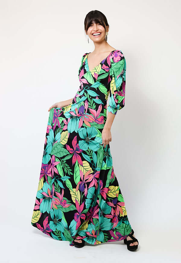 Vestido Margaret Flores Negro Fucsia Verde - Diseño Chileno | Natalia Seguel