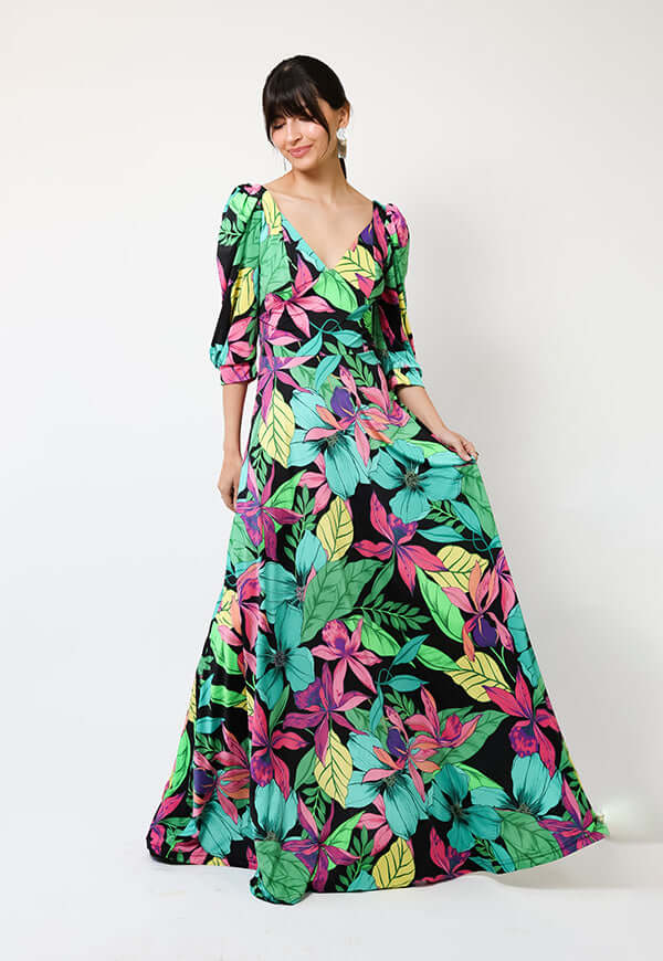 Vestido Margaret Flores Negro Fucsia Verde - Diseño Chileno | Natalia Seguel