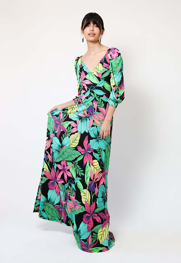 Vestido Margaret Flores Negro Fucsia Verde - Diseño Chileno | Natalia Seguel