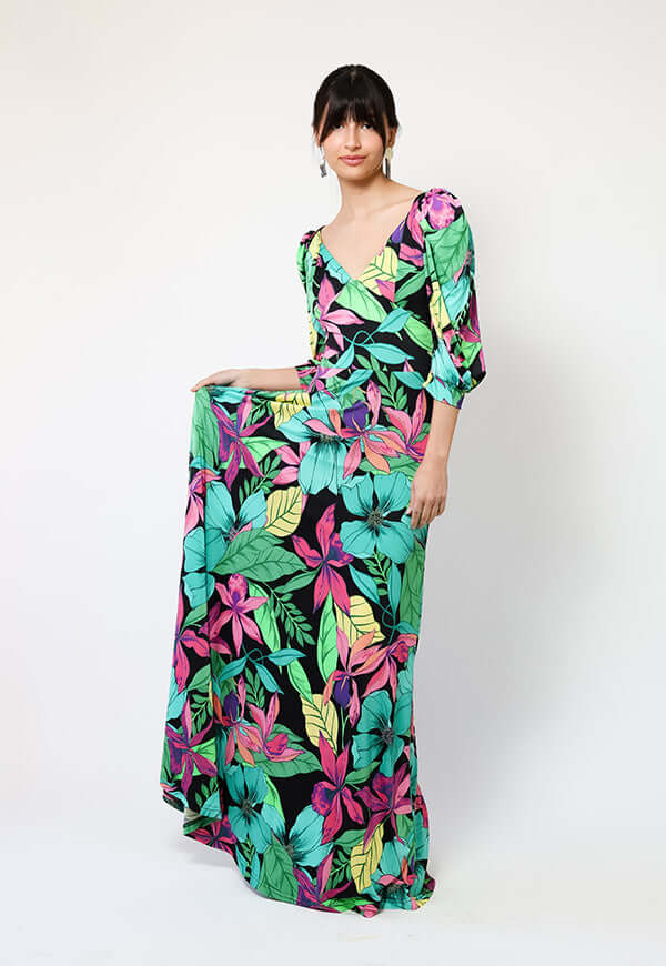 Vestido Margaret Flores Negro Fucsia Verde - Diseño Chileno | Natalia Seguel