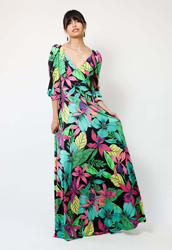 Vestido Margaret Flores Negro Fucsia Verde - Diseño Chileno | Natalia Seguel