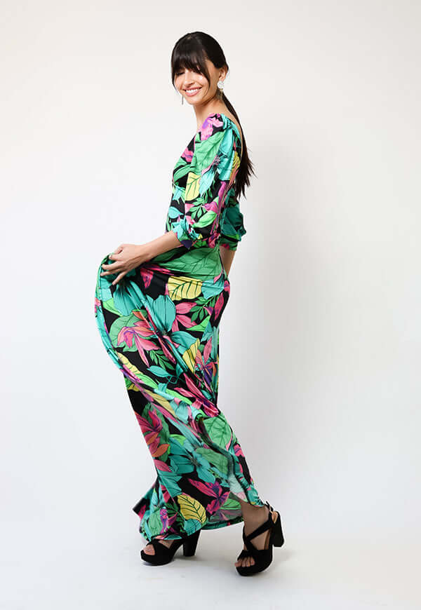 Vestido Margaret Flores Negro Fucsia Verde - Diseño Chileno | Natalia Seguel