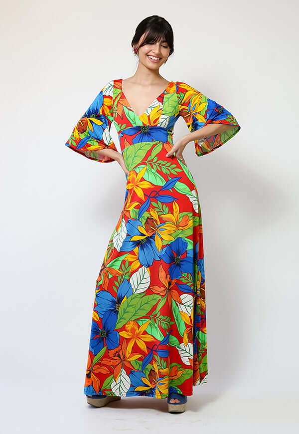 Vestido Magdalena Hojas Rojo Verde Azul - Diseño Chileno | Natalia Seguel