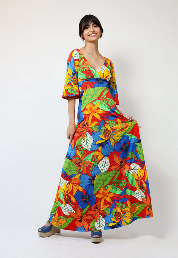 Vestido Magdalena Hojas Rojo Verde Azul - Diseño Chileno | Natalia Seguel