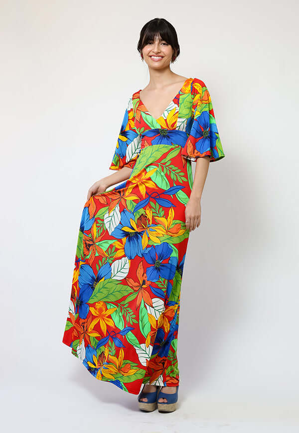 Vestido Magdalena Hojas Rojo Verde Azul - Diseño Chileno | Natalia Seguel