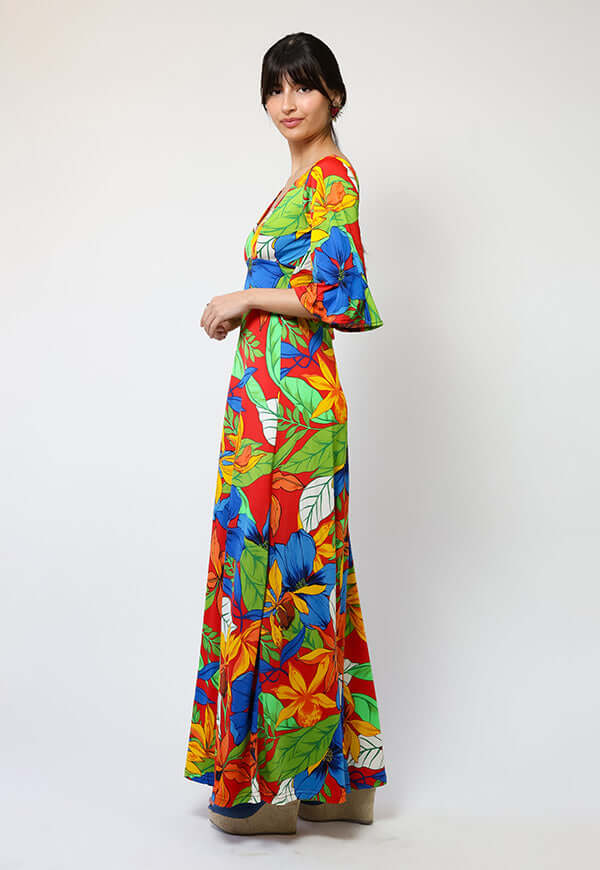 Vestido Magdalena Hojas Rojo Verde Azul - Diseño Chileno | Natalia Seguel