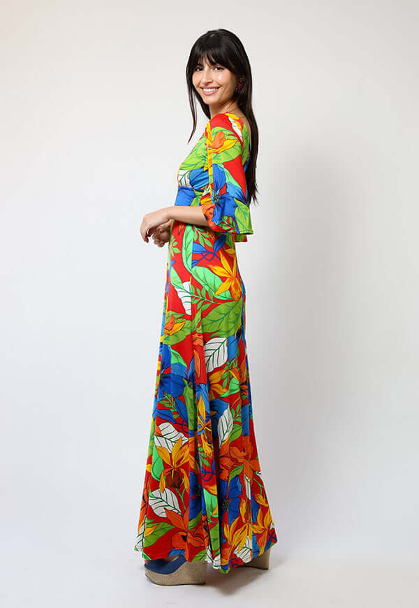 Vestido Magdalena Hojas Rojo Verde Azul - Diseño Chileno | Natalia Seguel