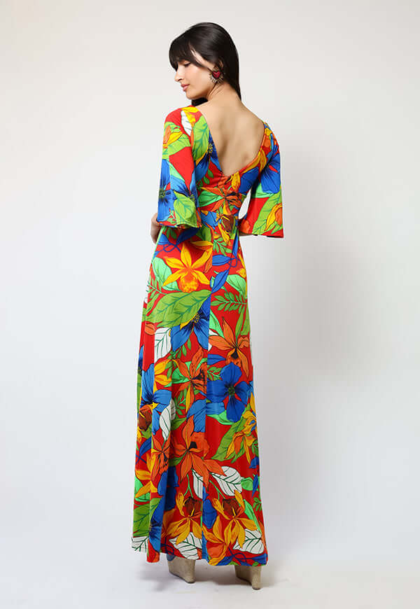 Vestido Magdalena Hojas Rojo Verde Azul - Diseño Chileno | Natalia Seguel