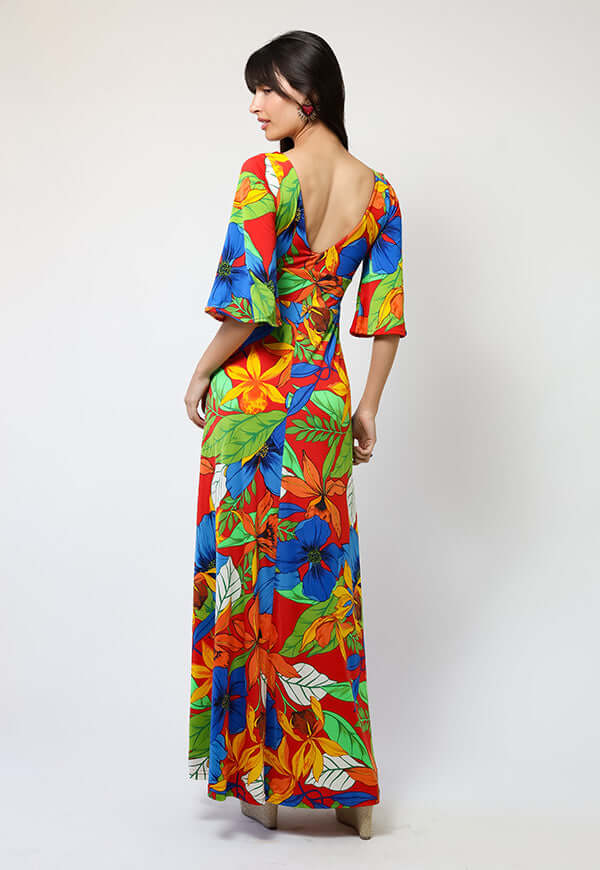 Vestido Magdalena Hojas Rojo Verde Azul - Diseño Chileno | Natalia Seguel