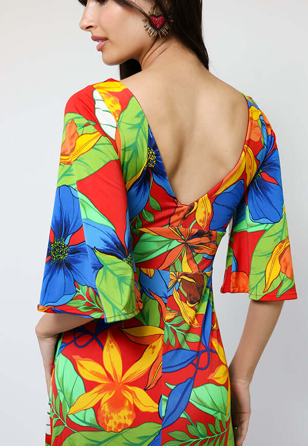 Vestido Magdalena Hojas Rojo Verde Azul - Diseño Chileno | Natalia Seguel