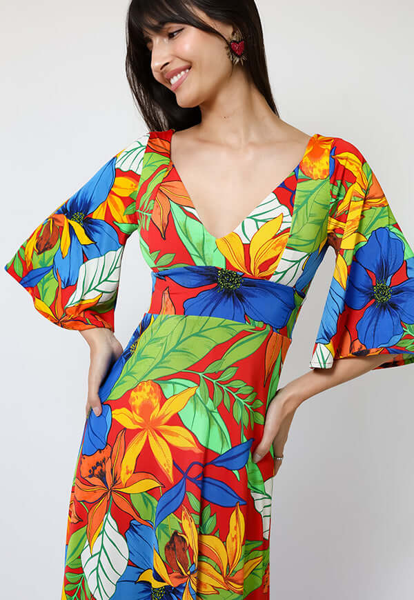 Vestido Magdalena Hojas Rojo Verde Azul - Diseño Chileno | Natalia Seguel