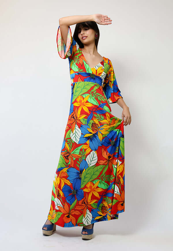 Vestido Magdalena Hojas Rojo Verde Azul - Diseño Chileno | Natalia Seguel