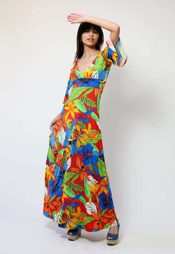 Vestido Magdalena Hojas Rojo Verde Azul - Diseño Chileno | Natalia Seguel