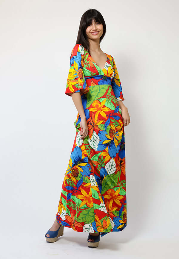 Vestido Magdalena Hojas Rojo Verde Azul - Diseño Chileno | Natalia Seguel