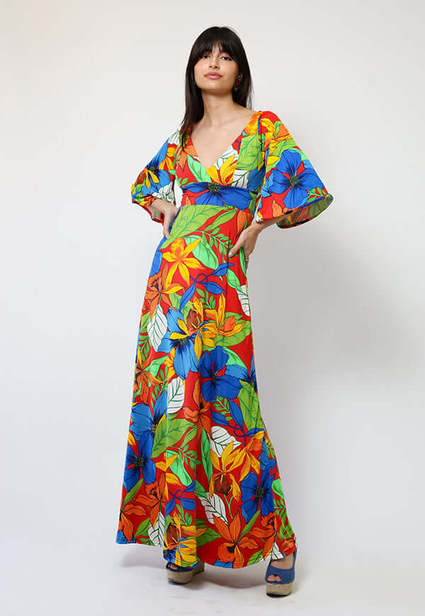 Vestido Magdalena Hojas Rojo Verde Azul - Diseño Chileno | Natalia Seguel