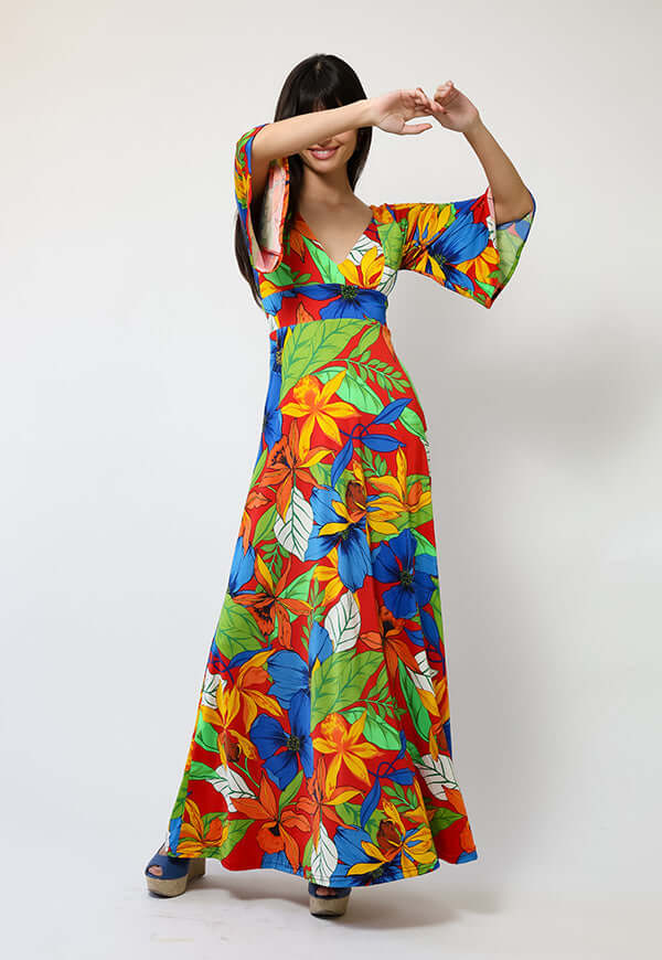 Vestido Magdalena Hojas Rojo Verde Azul - Diseño Chileno | Natalia Seguel