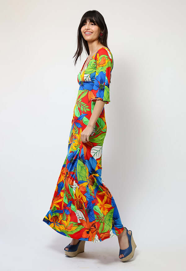 Vestido Magdalena Hojas Rojo Verde Azul - Diseño Chileno | Natalia Seguel