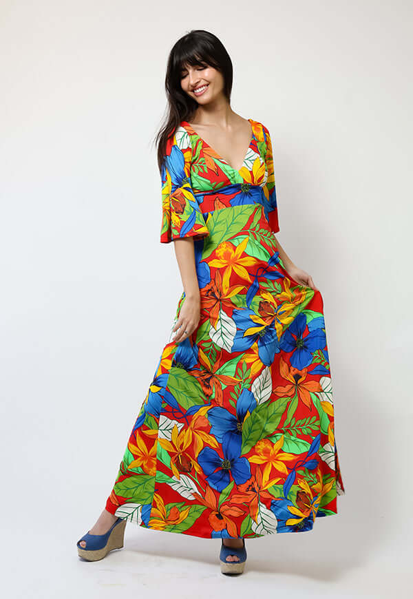 Vestido Magdalena Hojas Rojo Verde Azul - Diseño Chileno | Natalia Seguel