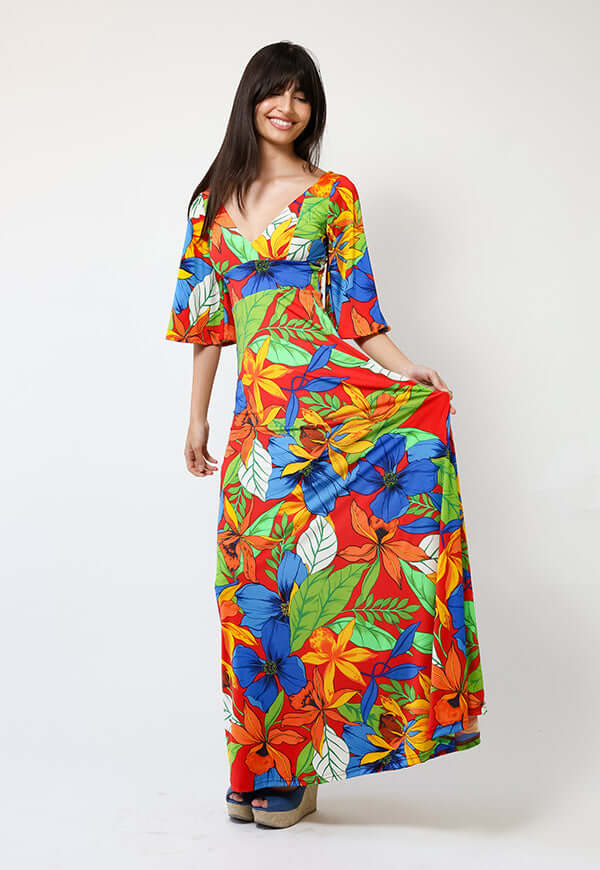 Vestido Magdalena Hojas Rojo Verde Azul - Diseño Chileno | Natalia Seguel