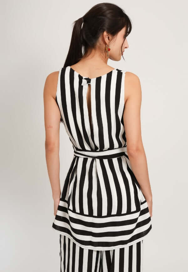 Blusa Clarisa Rayas Negro Blanco Lino - Diseño de Autor | Natalia Seguel