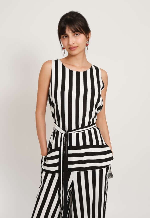 Blusa Clarisa Rayas Negro Blanco Lino - Diseño de Autor | Natalia Seguel
