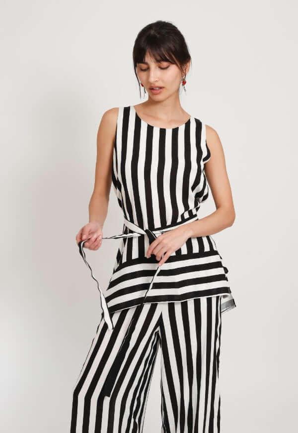 Blusa Clarisa Rayas Negro Blanco Lino - Diseño de Autor | Natalia Seguel