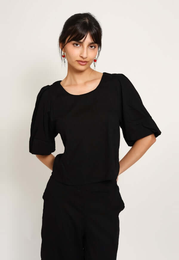 Blusa Amalia Manga Globo Negro Lino - Diseño de Autor | Natalia Seguel